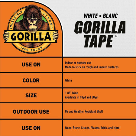 Gorilla Tape - 30 yd Length x 1.88’’ Width - White - 1 Each - Duct