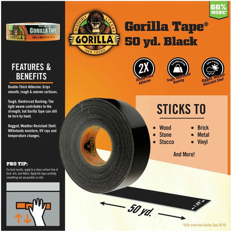 Gorilla Tape: 50 yd x 1.88’’ Black Roll - Heavy-Duty Adhesive - Duct Tape