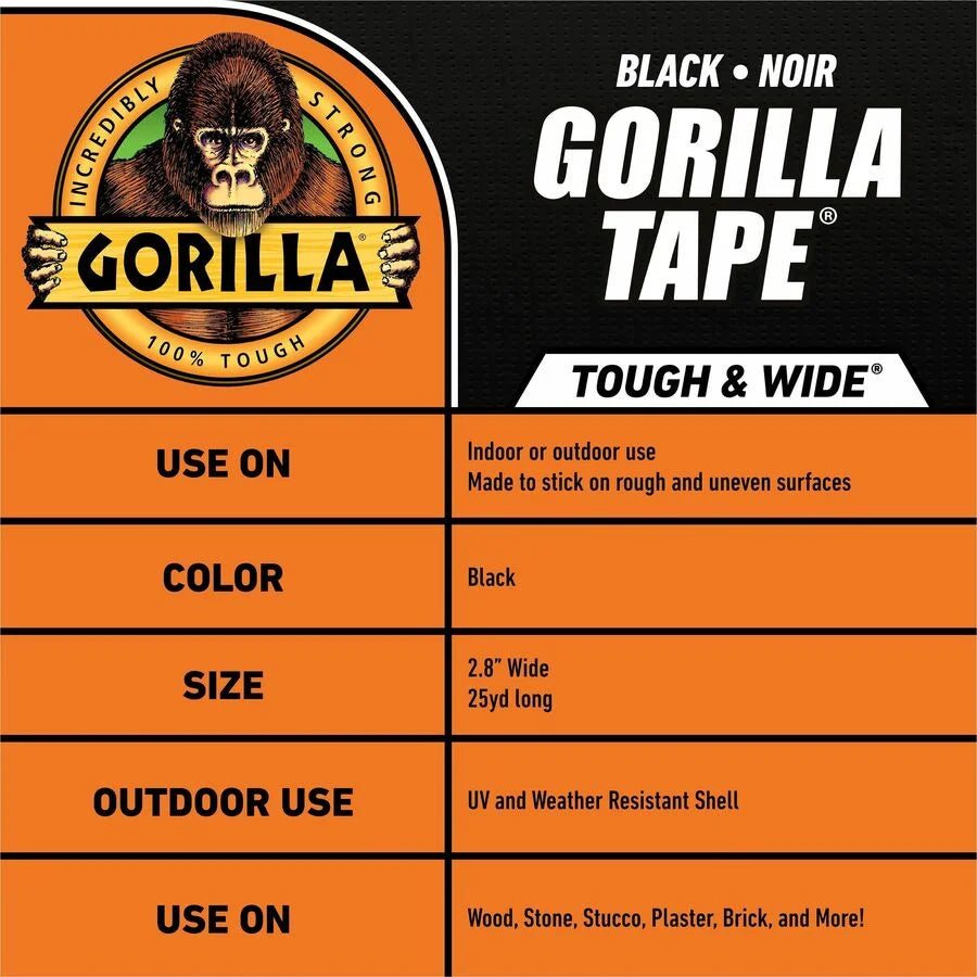 Gorilla Tape: 50 yd x 1.88’’ Black Roll - Heavy-Duty Adhesive - Duct Tape