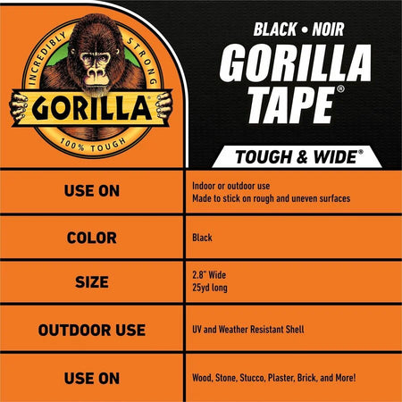 Gorilla Tape: 50 yd x 1.88’’ Black Roll - Heavy-Duty Adhesive - Duct Tape