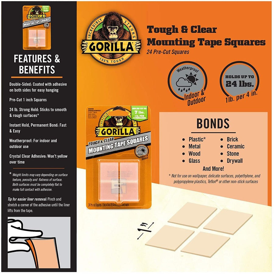 Gorilla Tough & Clear Mounting Squares - 1’’ Length x Width - 24 / Pack - Tape Putty