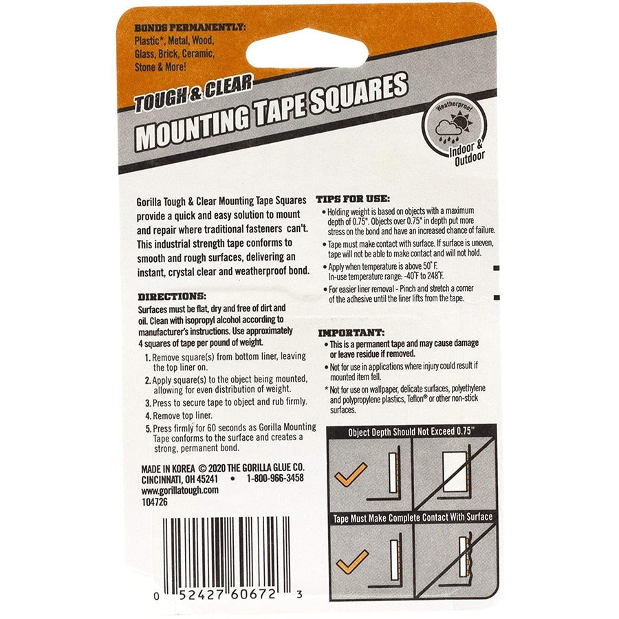 Gorilla Tough & Clear Mounting Squares - 1’’ Length x Width - 24 / Pack - Tape Putty