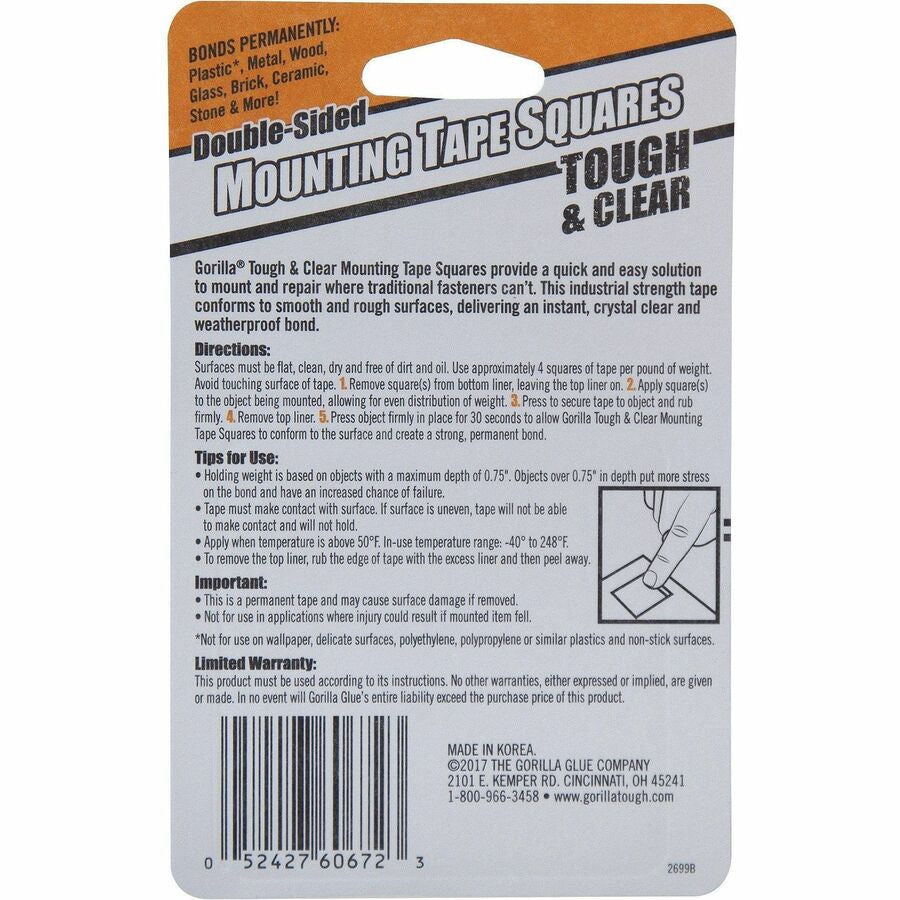 Gorilla Tough & Clear Mounting Squares - 1’’ Length x Width - 24 / Pack - Tape Putty