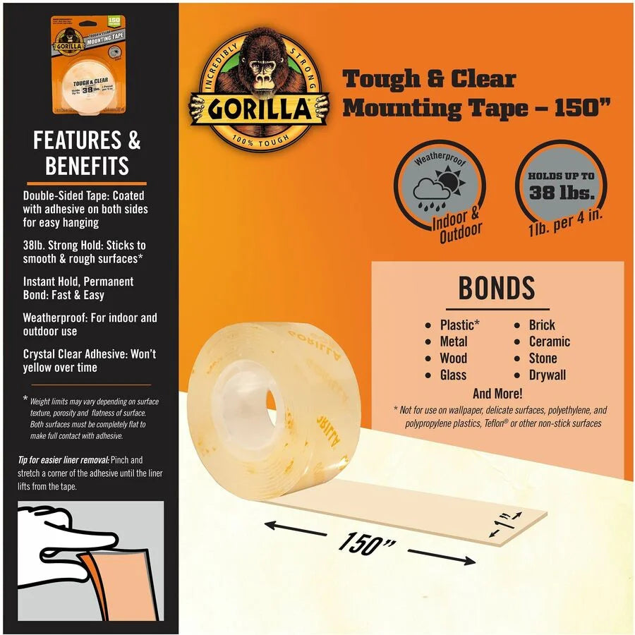 Gorilla Tough & Clear Mounting Tape - 12.50 ft x 1’’ - 1 Pack - Putty