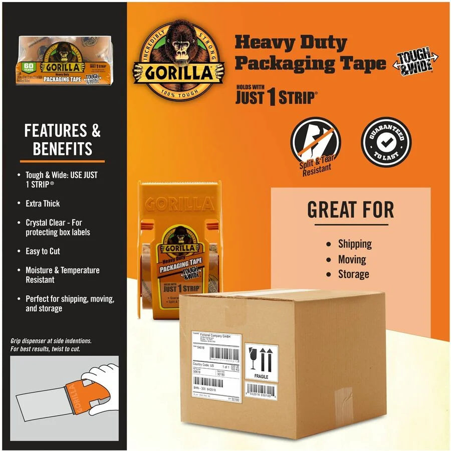 Gorilla Tough & Wide Shipping Tape: 30 yd x 2.83’’ - Clear - 2 Pack - Packing Tape Dispensers