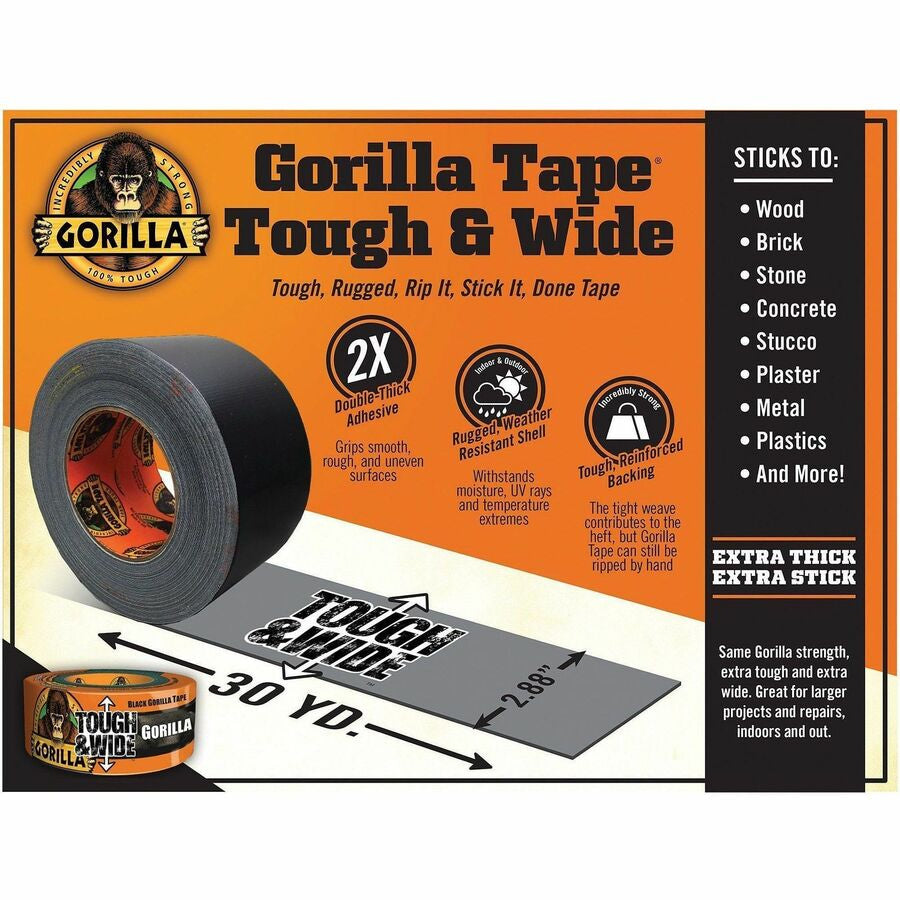 Gorilla Tough & Wide Tape - 25 yd Length x 2.88’’ Width - Black - 1 Roll - Duct