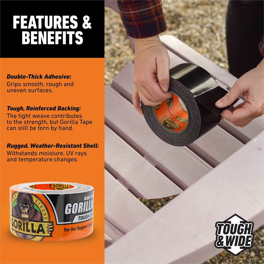 Gorilla Tough & Wide Tape - 25 yd Length x 2.88’’ Width - Black - 1 Roll - Duct