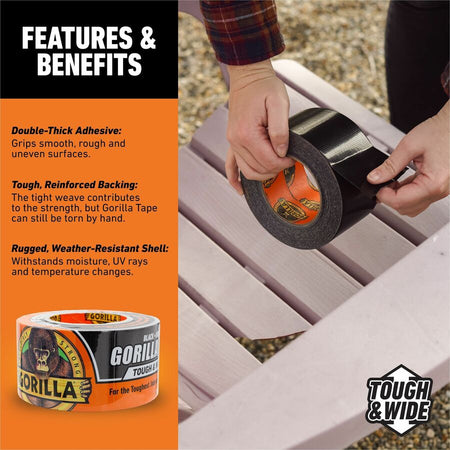 Gorilla Tough & Wide Tape - 25 yd Length x 2.88’’ Width - Black - 1 Roll - Duct