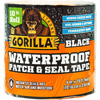 Gorilla Waterproof Patch & Seal Tape - 10 ft x 4’’ - Black - 1 Roll - Packing Dispensers