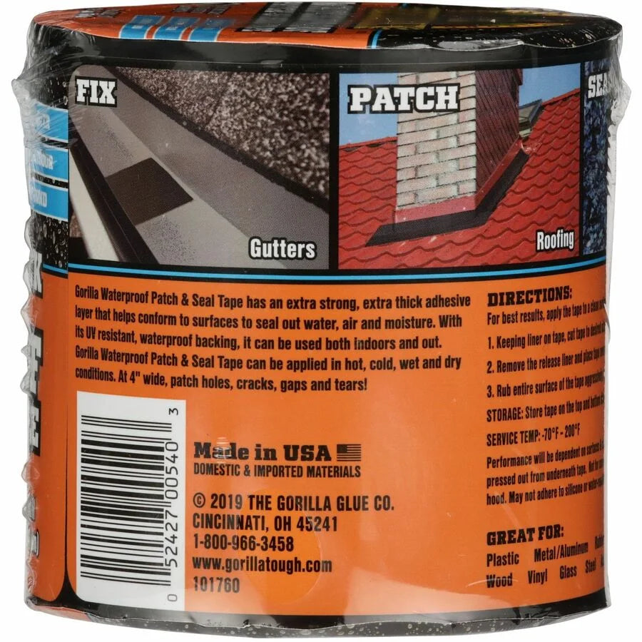 Gorilla Waterproof Patch & Seal Tape - 10 ft x 4’’ - Black - 1 Roll - Packing Dispensers
