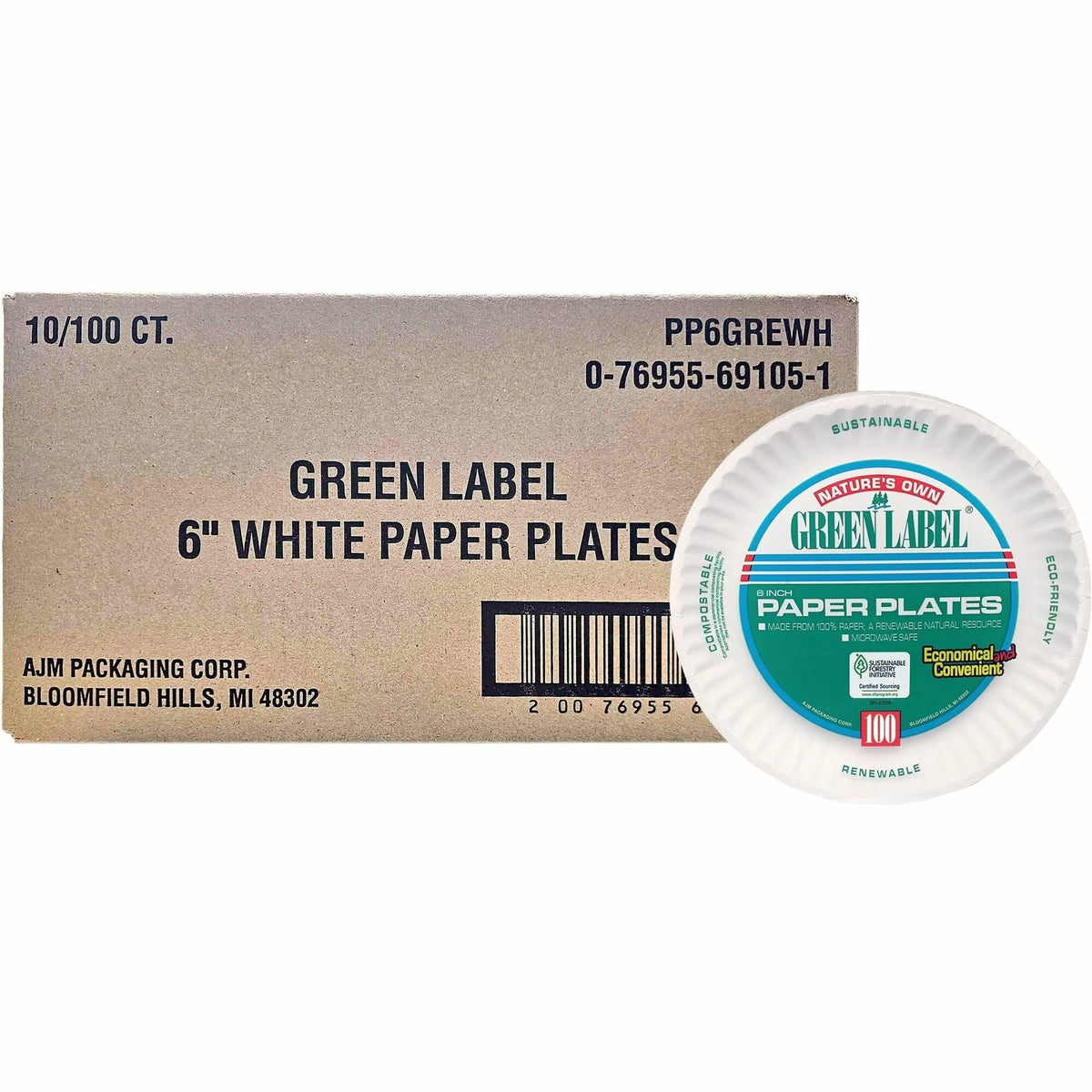 Green Label 6’’ Economy Paper Plates - Microwave Safe - 100/Bag
