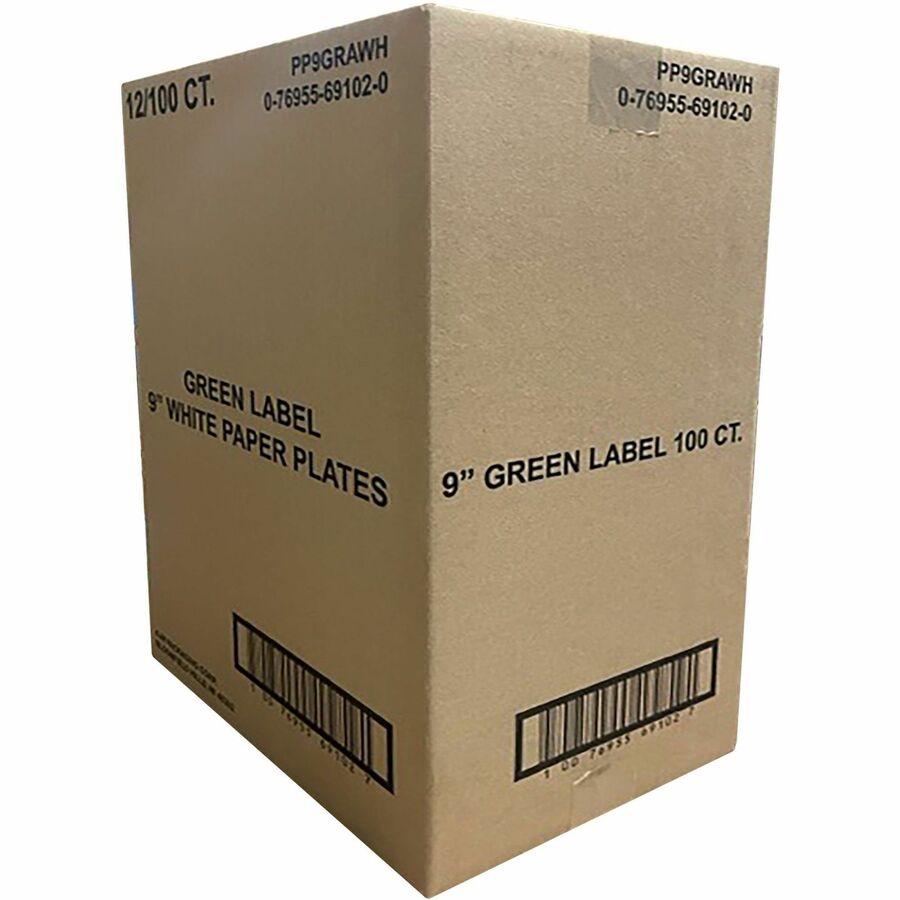 Green Label 9’’ Economy Paper Plates - Microwave Safe - Diameter - White - Body - 100/Bag - 12 / Carton