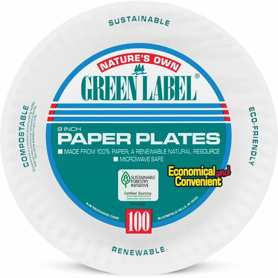 Green Label 9’’ Economy Paper Plates - Microwave Safe - Diameter - White - Body - 100/Bag - 12 / Carton