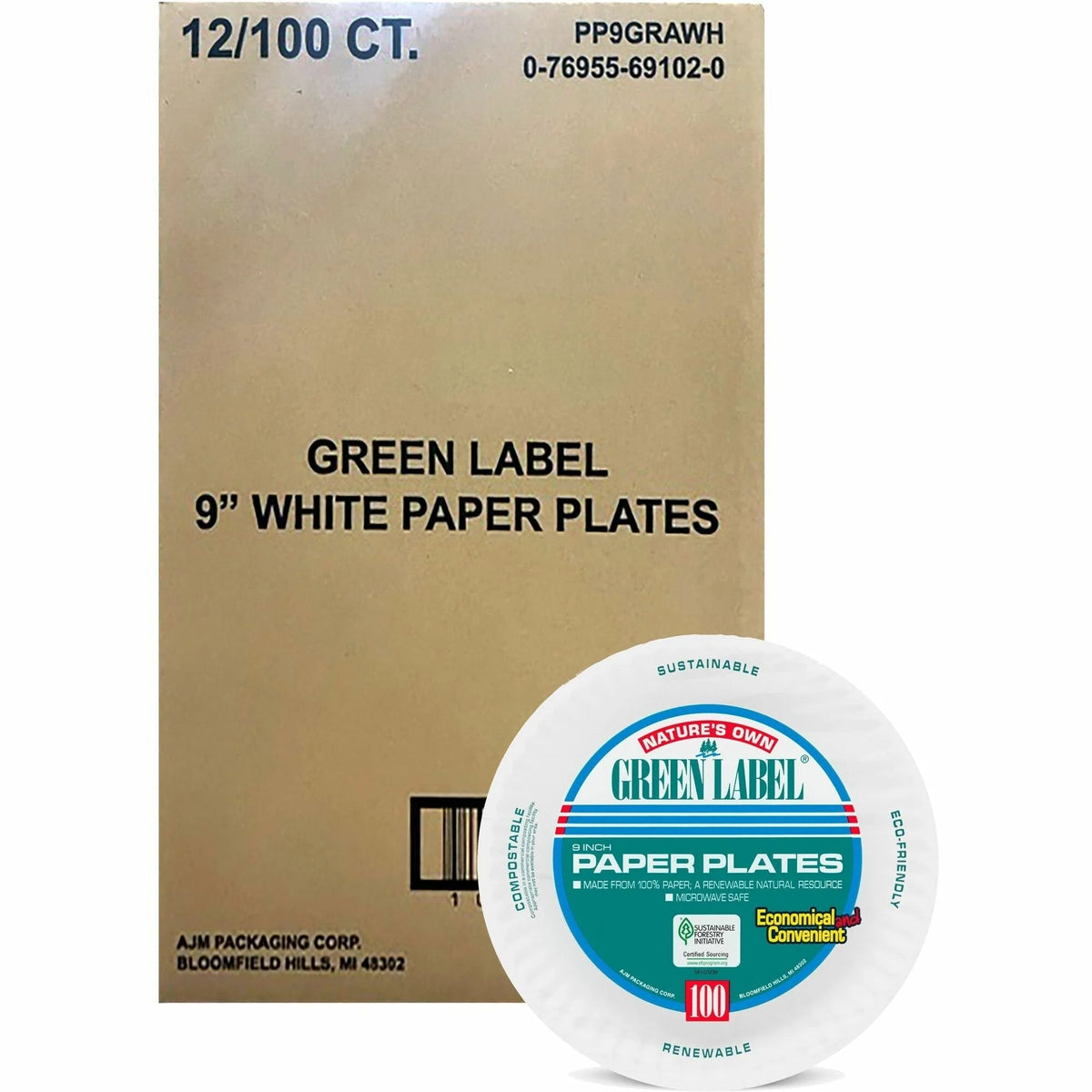 Green Label 9’’ Economy Paper Plates - Microwave Safe - Diameter - White - Body - 100/Bag - 12 / Carton