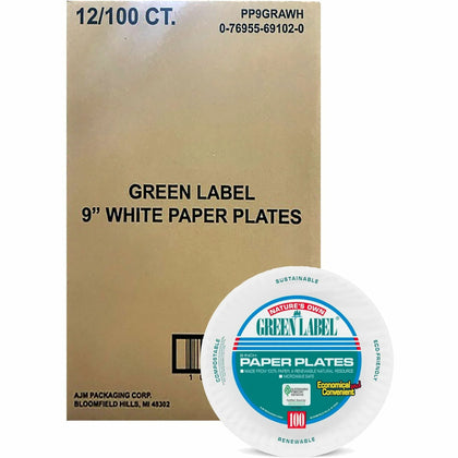 Green Label Economy Paper Plates - Microwave Safe - 9’’ Diameter - White - 100/Bag