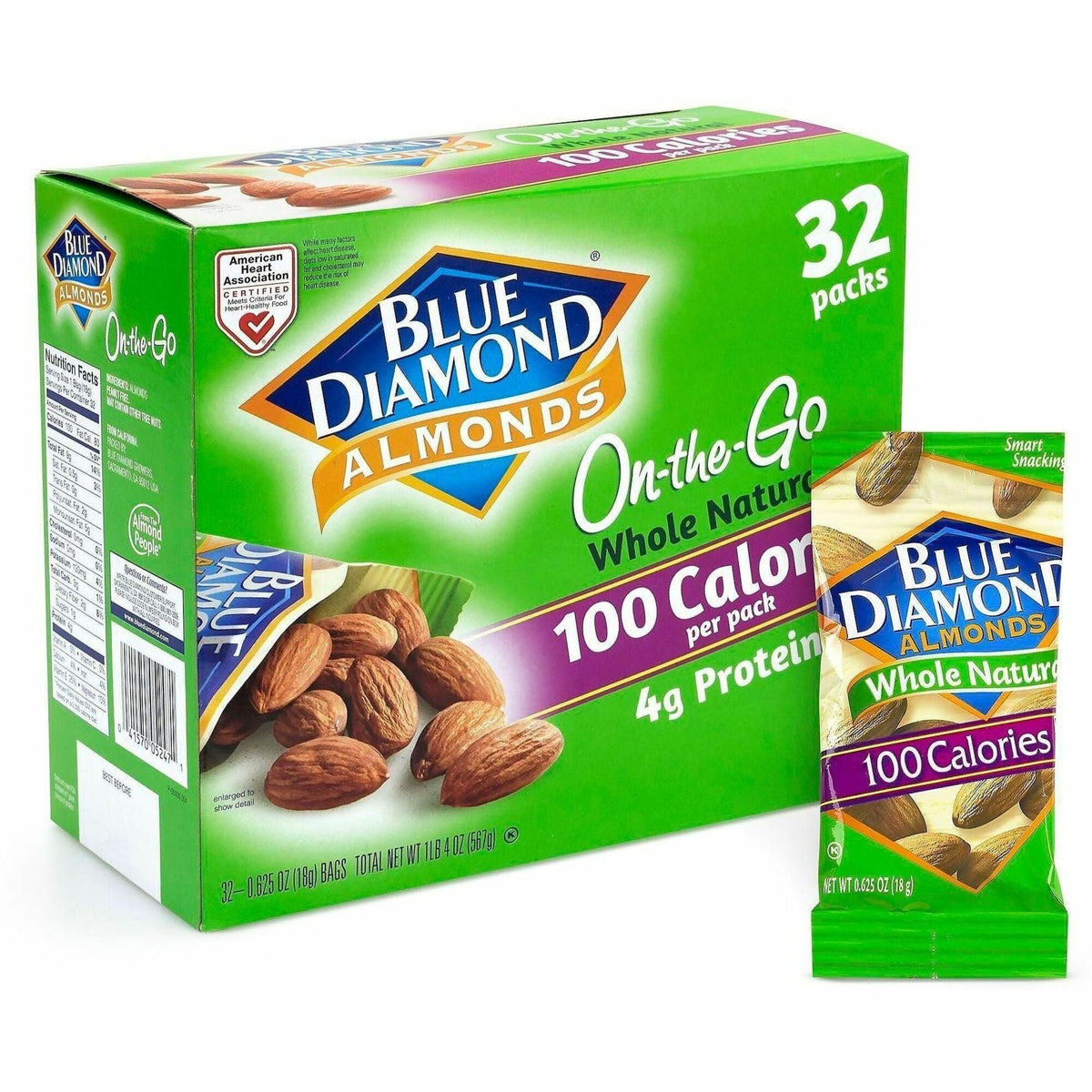 Green Rabbit Blue Diamond Whole Almonds - Low Calorie - Almond - 0.63 oz - 32 / Carton - Snacks