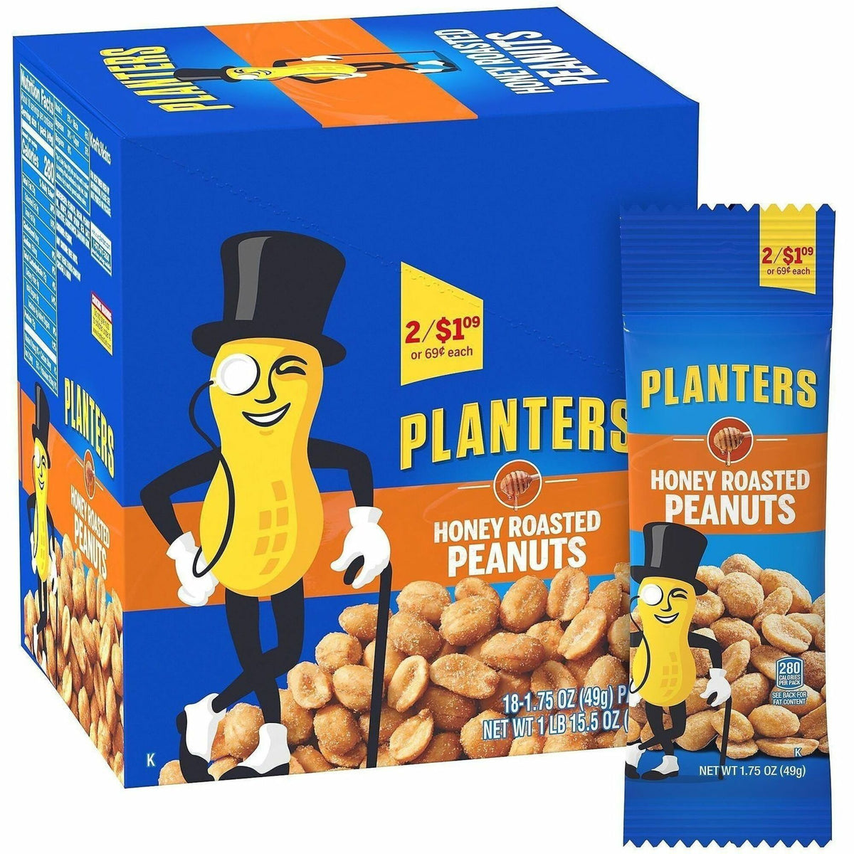 Green Rabbit Planters Roasted Peanuts Snack Packs - Cholesterol-free - Honey Peanut - 1.75 oz - 18 / Carton - Snacks