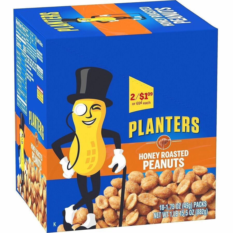 Green Rabbit Planters Roasted Peanuts Snack Packs - Cholesterol-free - Honey Peanut - 1.75 oz - 18 / Carton - Snacks