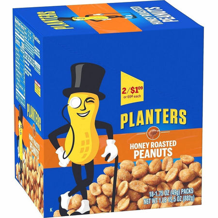 Green Rabbit Planters Roasted Peanuts Snack Packs - Cholesterol-free - Honey Peanut - 1.75 oz - 18 / Carton - Snacks