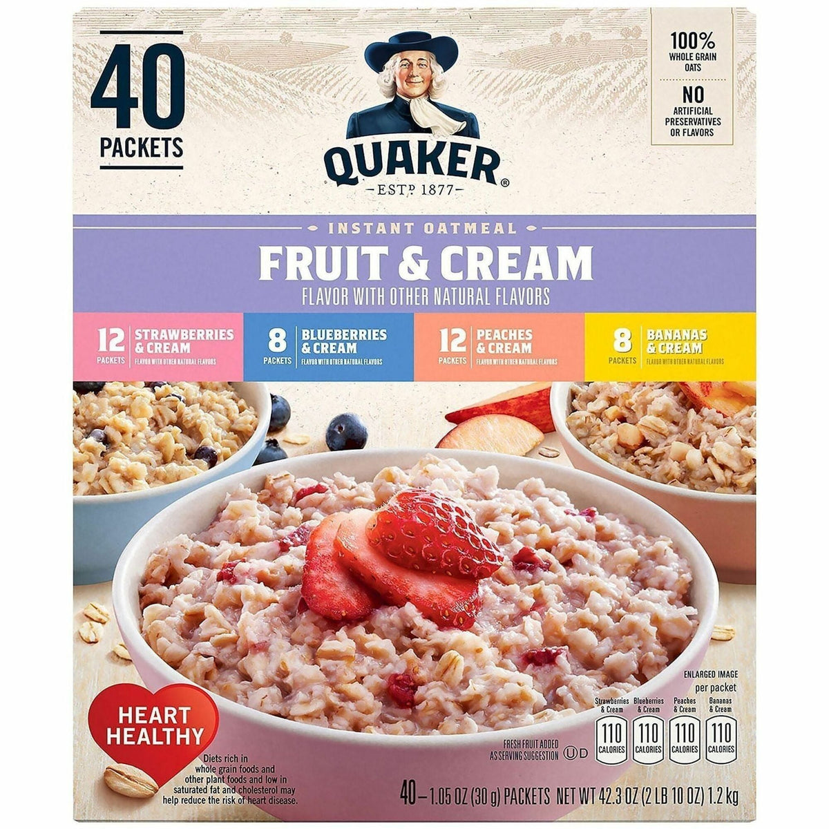 Green Rabbit Quaker Instant Oatmeal Fruit&Cream - Low Calorie Preservative-free Fat No Artificial Flavor - Assorted
