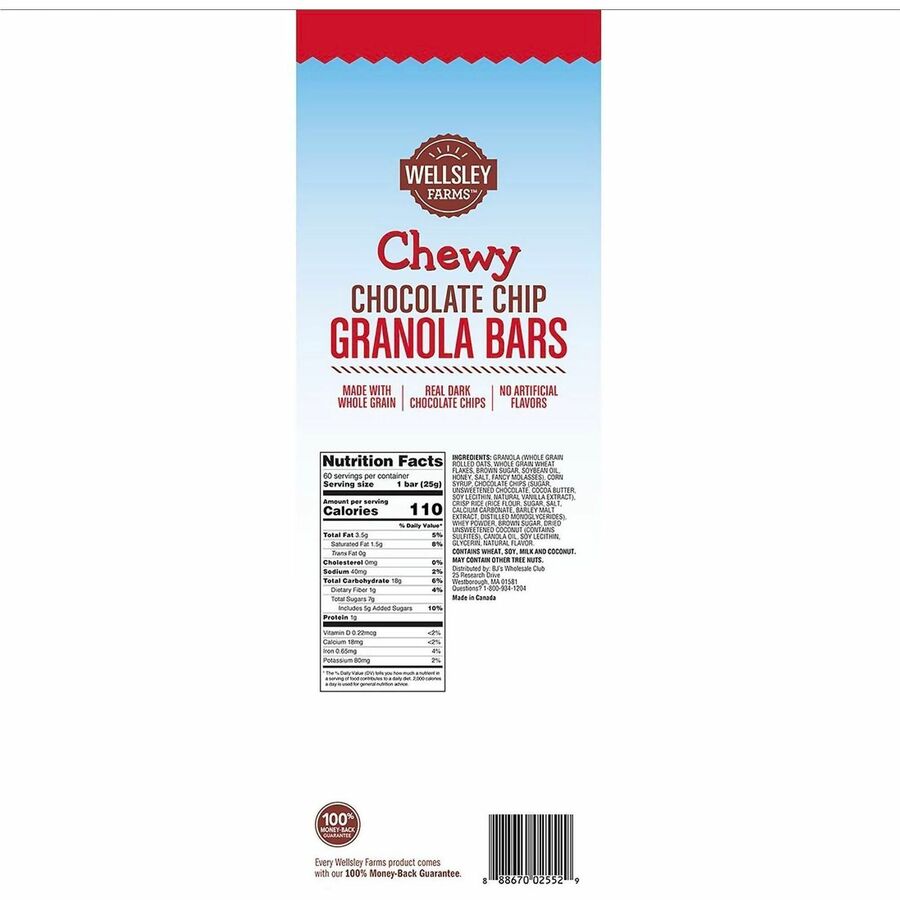 Green Rabbit Wellsley Farms Choc. Chip Granola Bar - Individually Wrapped No High Fructose Corn Syrup Artificial Flavor