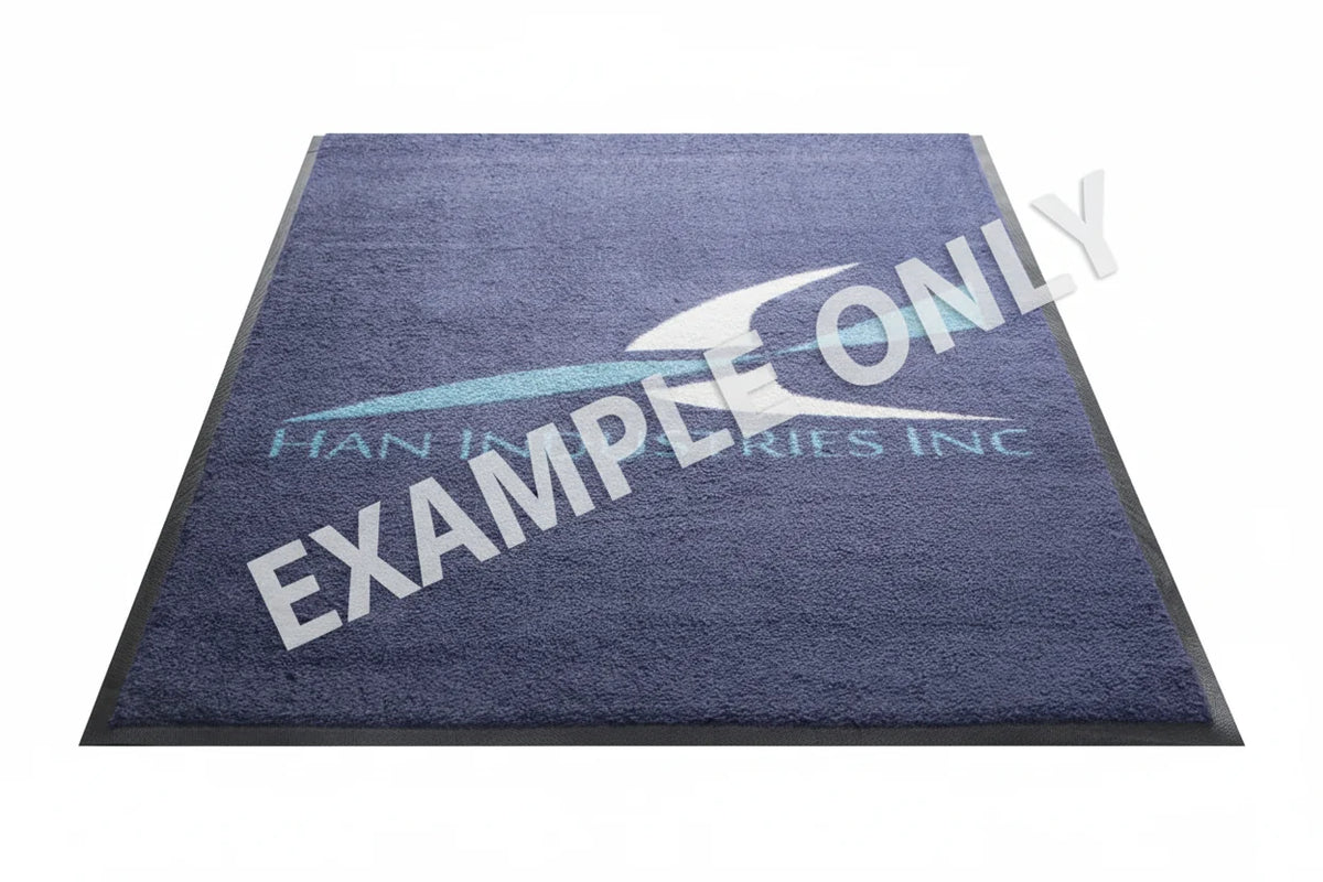 A rectangular navy blue carpet mat with a black border, featuring a custom printed logo and the text 'HAN INDUSTRIES INC' in light blue and white on a clean white background.