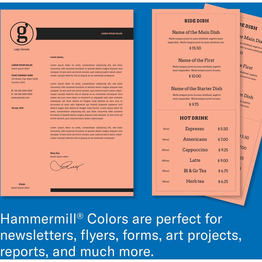 Hammermill Colors Recycled Copy Paper - Salmon - Letter - 8 1/2’’ x 11’’ - 20 lb Basis Weight - Smooth - & Printer