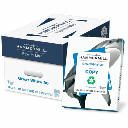 Hammermill Great White Recycled Copy Paper - 92 Brightness - 20 lb - 500 Sheets - 10 Carton - & Printer