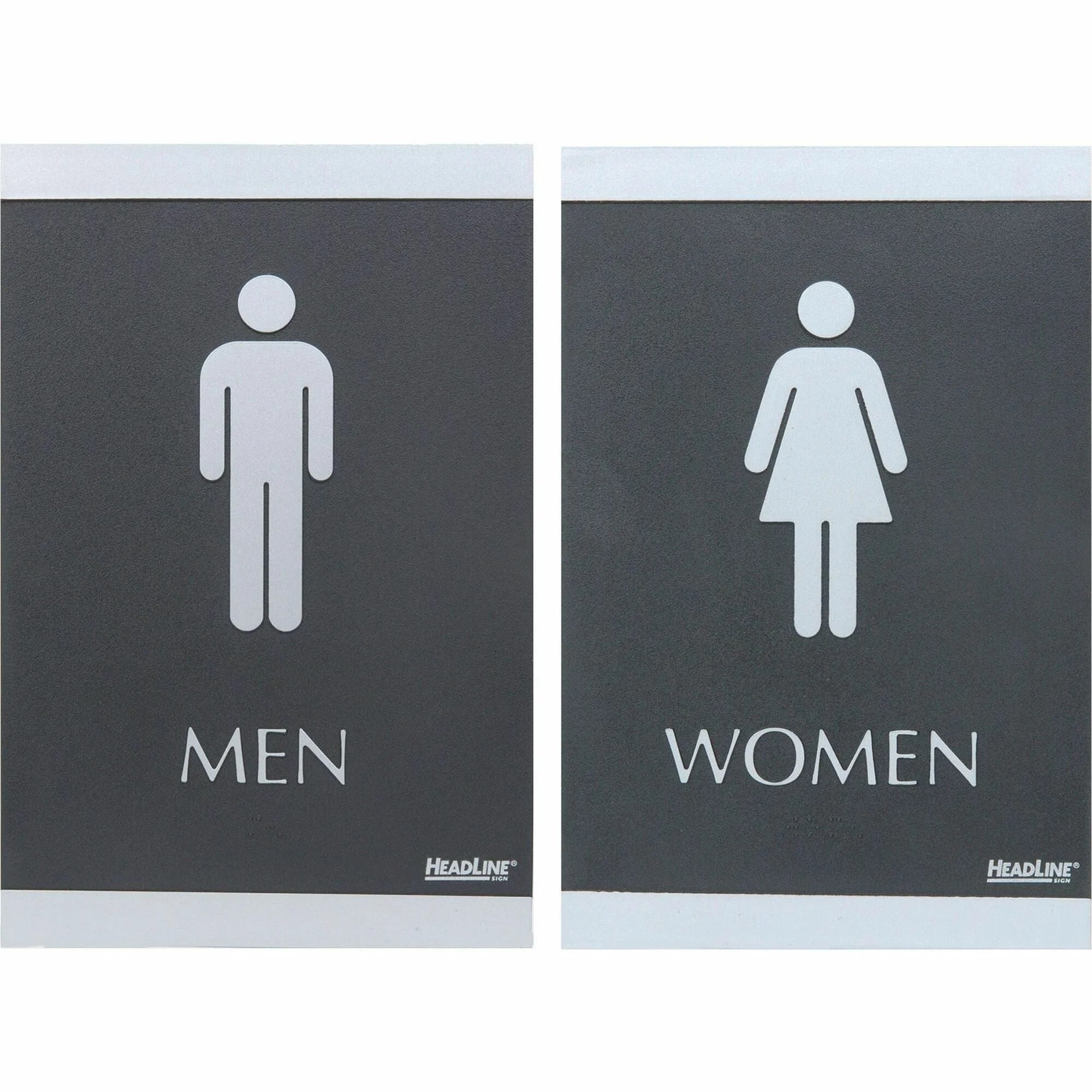 Headline Signs ADA Restroom Sign - Men/Women - 6x9’’ - Silver Print - Braille - Plastic - 2/Set