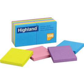 Highland Bright Colors Self-Sticking Notepads - 3’’ Square - 100 Sheets - 12 Pack - Adhesive Notes & Dispensers