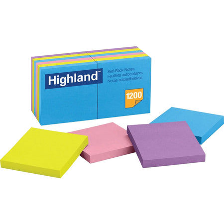 Highland Bright Colors Self-Sticking Notepads - 3’’ Square - 100 Sheets - 12 Pack - Adhesive Notes & Dispensers