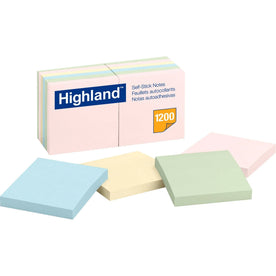 Highland Self-Sticking Notepads: 3’’ Square Assorted Pastel 100 Sheets - 12 Pack - Adhesive Notes & Dispensers