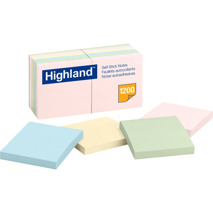 Highland Self-Sticking Notepads: 3’’ Square Assorted Pastel 100 Sheets - 12 Pack - Adhesive Notes & Dispensers