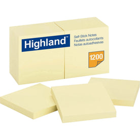 Highland Self-Sticking Notepads: 3’’ Square Yellow Flags 100 Sheets - 12 Pack - Adhesive Notes & Dispensers