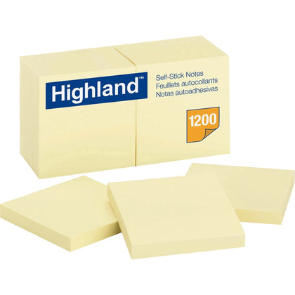 Highland Self-Sticking Notepads: 3’’ Square Yellow Flags 100 Sheets - 12 Pack - Adhesive Notes & Dispensers