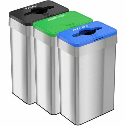 HLS Commercial 21-Gallon Trash/Recycle/Compost Can Set - Stainless Steel - 21 gal Capacity - Waste Containers & Lids