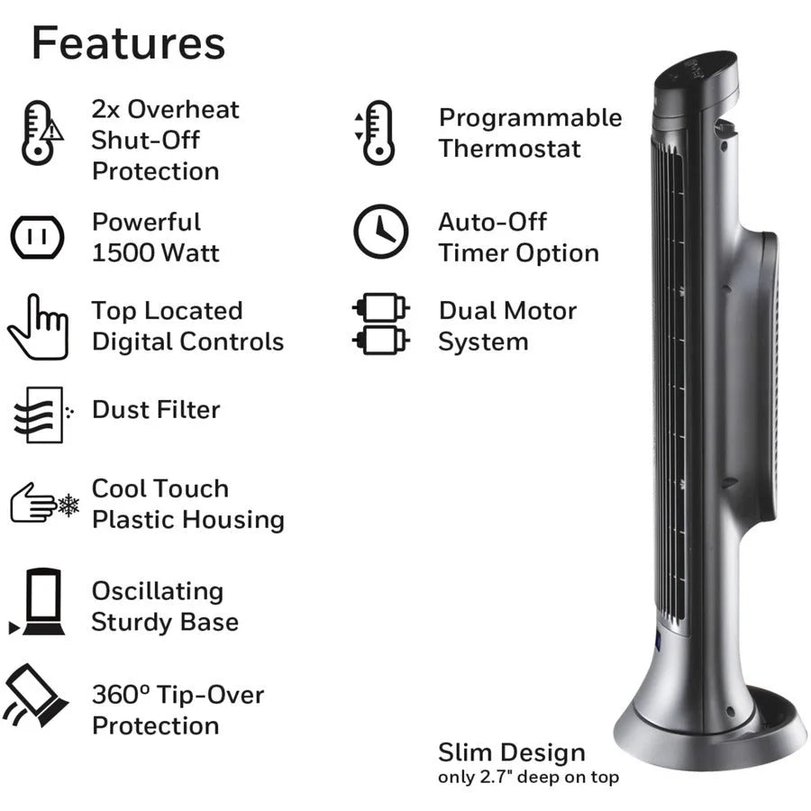 Honeywell Ceramic Tower Heater: 1500W Electric 2 Heat Settings Timer - Heaters