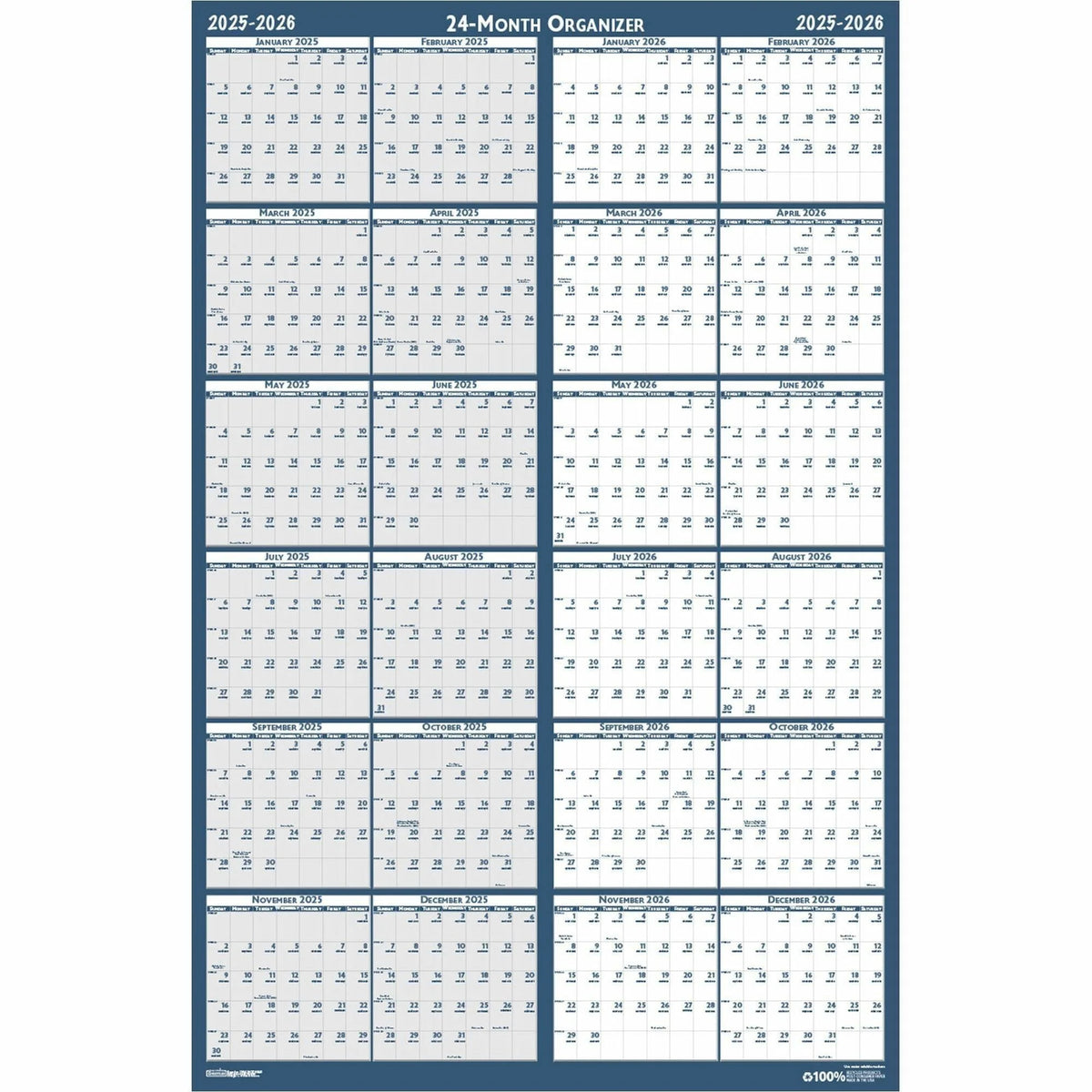 House of Doolittle 2 Year Wall Calendar 2025-2026 - Laminated Reversible - Blue - 37’’ x 24’’ - Boards