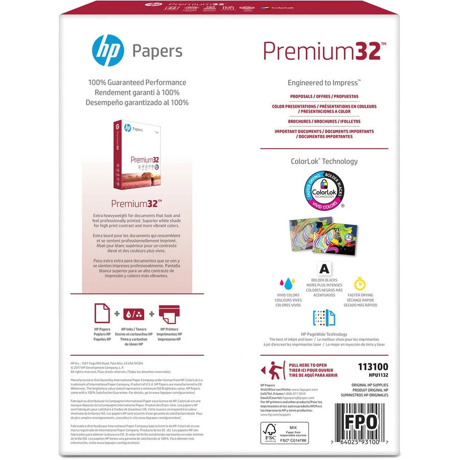 HP Papers Premium32 Laser Paper - White - 100 Brightness - Letter - 8 1/2’’ x 11’’ - 32 lb Basis Weight - Acid-free