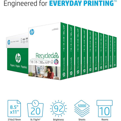 HP Recycled30 Paper: White 92 Brightness Letter Size 20 lb Weight Quick Drying - 500 Sheets/Ream - Copy & Printer Paper