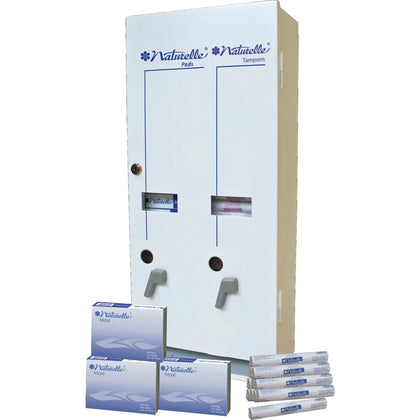 Impact Dual Vendor Hygiene Dispenser: Sanitary Napkin & Tampon - Metal White - Window Locking Coin Box - Receptacle