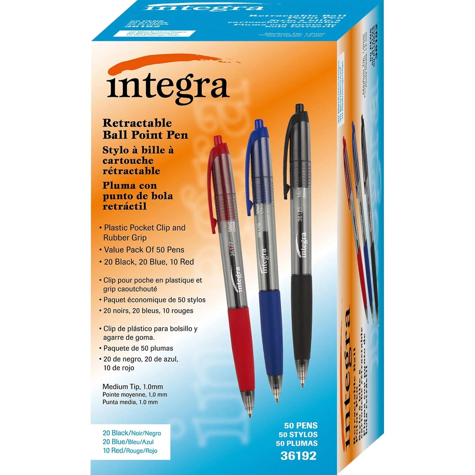 Integra 1.0mm Retractable Ballpoint Pen - Assorted Ink - 50/Box - Pens