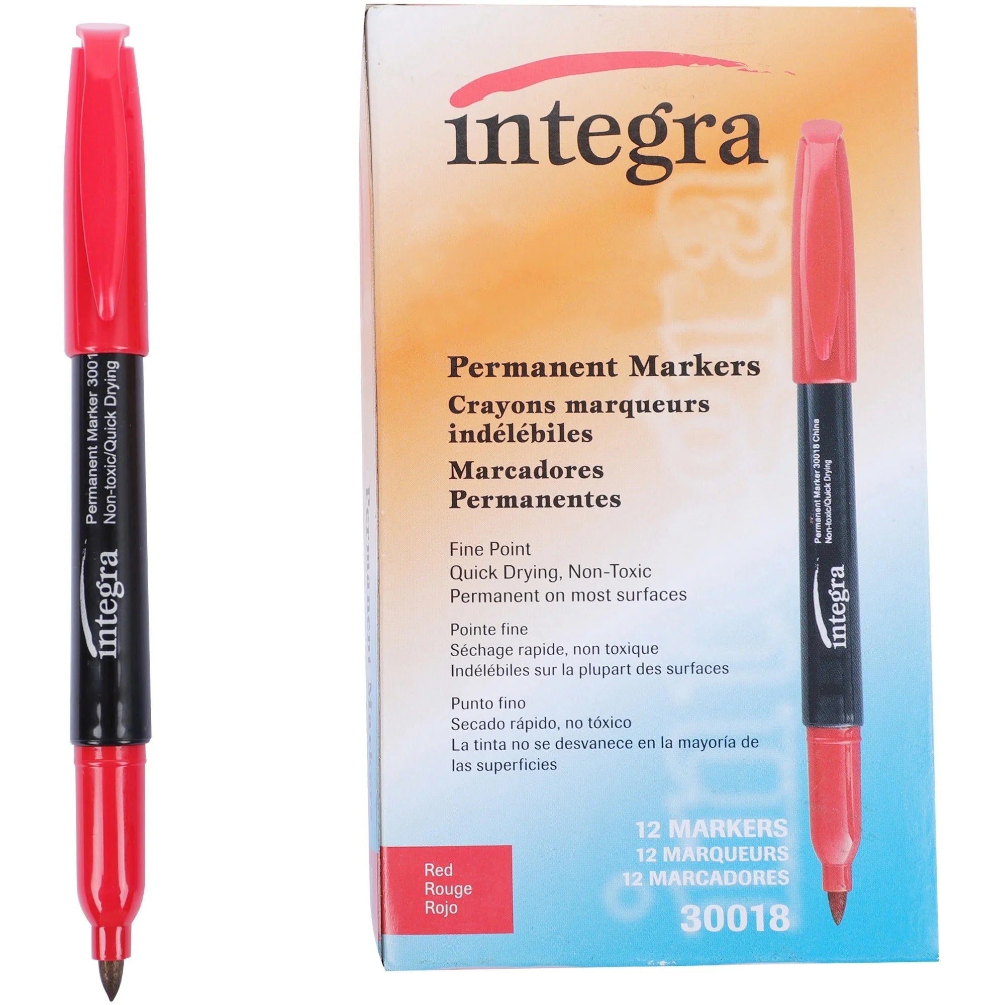 Integra Permanent Fine Point Markers - Red Ink - Pack of 12 - & Dry-Erase