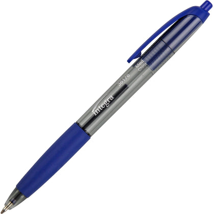 Integra Rubber Grip Retractable Pens - Smooth 1mm Medium Point - Blue Ink - Pack of 12