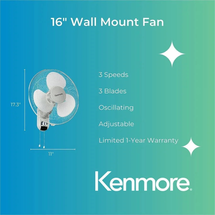 Kenmore 16’’ Wall Fan: 3-Speed Oscillating & Adjustable - White - Fans