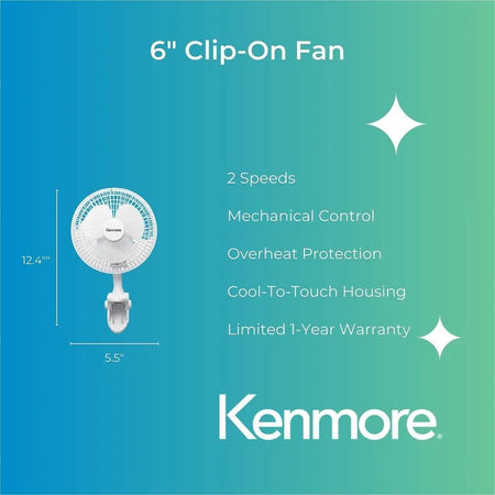 Kenmore 6’’ Clip-On Fan: 2-Speed Compact Cooling Solution - Fans