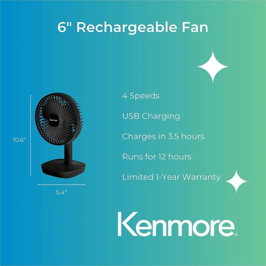 Kenmore 6’’ Rechargeable Fan: Portable Quiet 4-Speed - Black - Fans