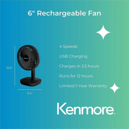 Kenmore 6’’ Rechargeable Fan: Portable Quiet 4-Speed - Black - Fans