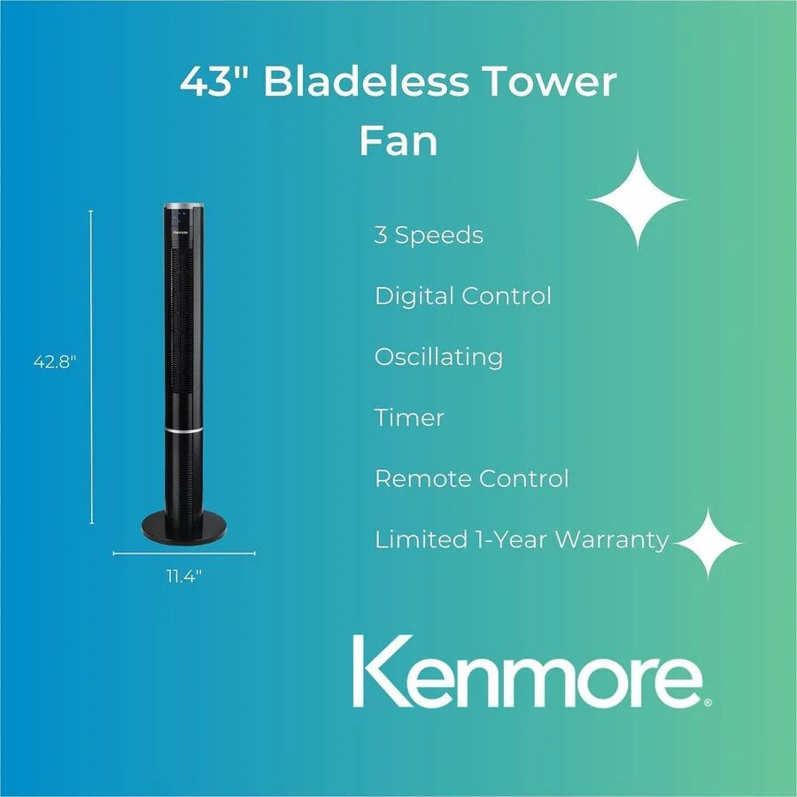 Kenmore Bladeless Tower Fan: 3-Speed Oscillating Timer - Black - Fans