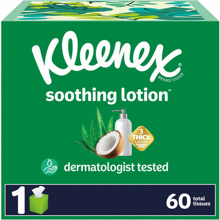 Kleenex Soothing Lotion Tissues: 3-Ply WhiteBox - 60/Box - 27/Carton - Facial Tissues